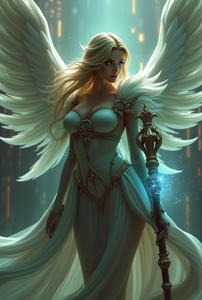 Angel made of light, various colors, sword in hand, 8k quality, cinematic focus, celestial background