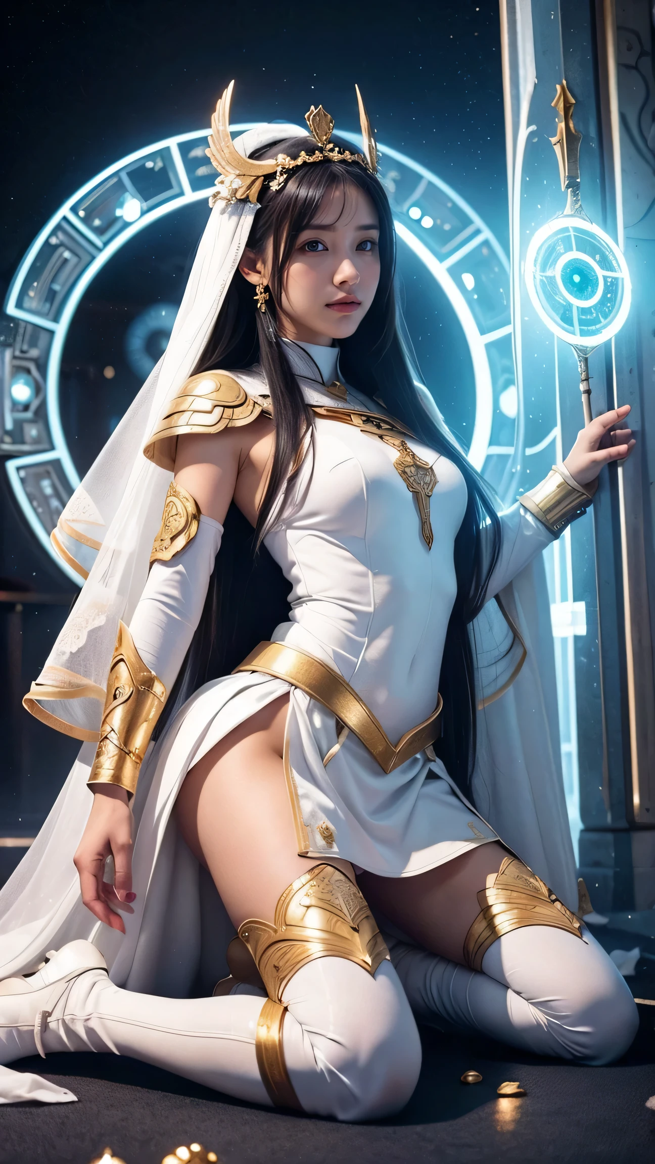 1girl, The Universe, Space Goddess,God's Law, Goddess of Love, Selflessness、Dedication、Sacrifice、prayer、acceptance、White Magic, Mystical veil, Goddess in white armor、White armor with gold edges、White Skirt、White Boots、He is holding a shield.、Circlet、Absorb all laser beams、Emits white energy in all directions、smile