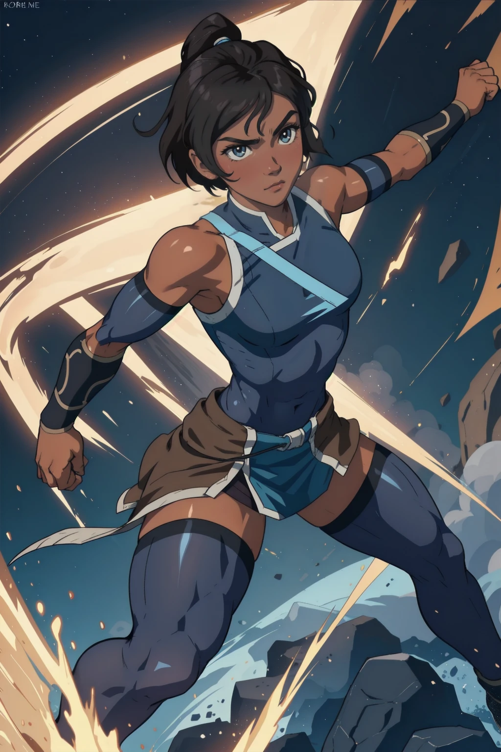 masterpiece, 1girl, solo, muscular girl, standing straght, fighting ready pose, closed fists, korra, dark skin, dark-skinned female, short hair, sleeveless, bare shoulders, lights armor, full body,