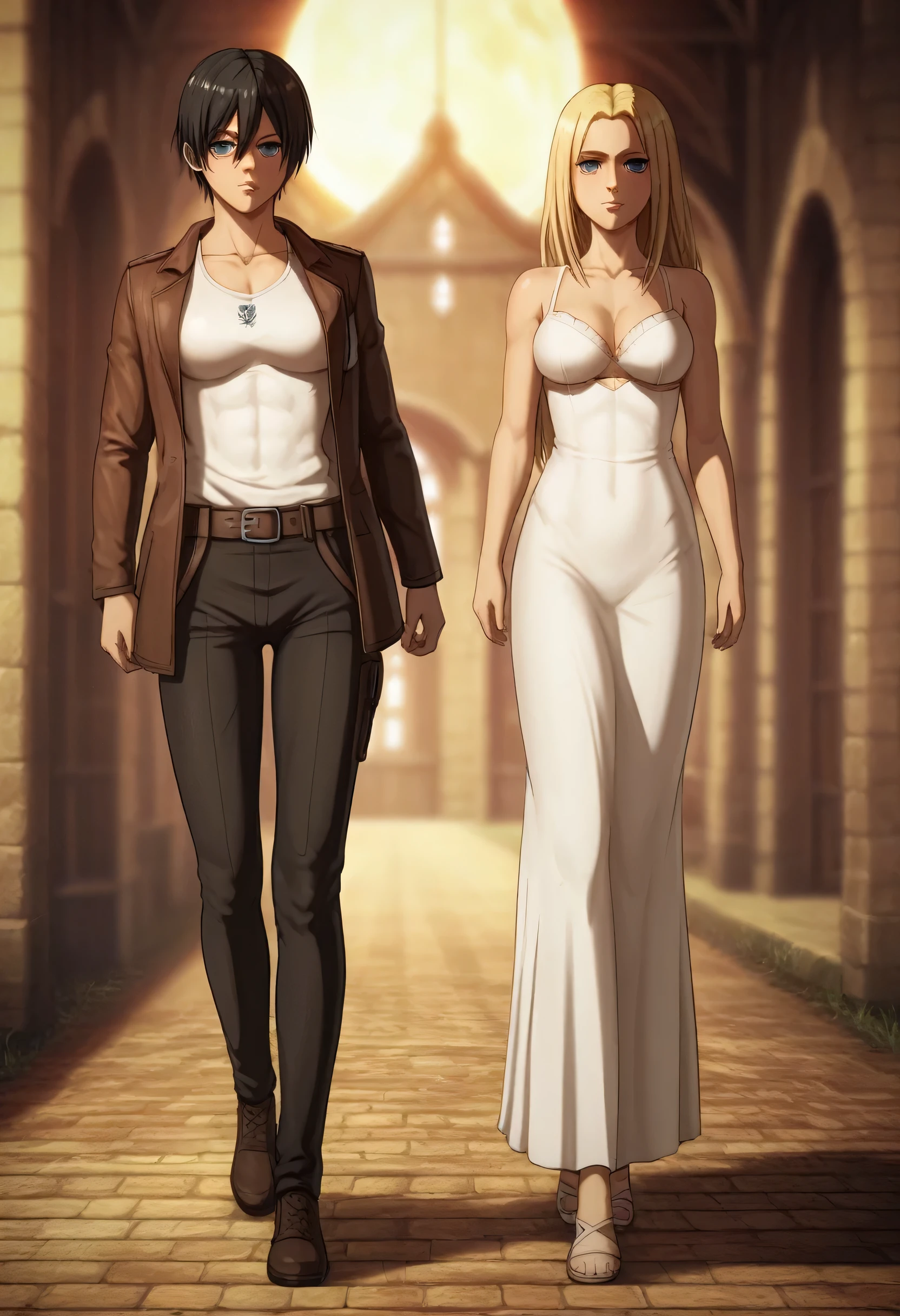 score_9, score_8_up, score_7_up, BREAK source_anime, historia reiss, blue eyes, blonde hair, long hair, medium breasts, long white dress sleeveless,female black hair walking with historia,Mikasa  with historia ,mikasa wreanig black sport and black combat pants,Mikasa female with short hair,mikasa female medium breasts,in night,moon in sky,mikasa final season, historia  with mikasa,historia blonde hair,mikasa and historia walking,historia walking with mikasa  