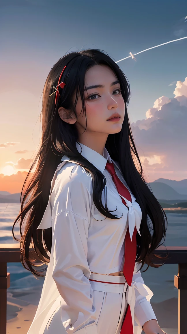 ((Masterpiece, best quality, very detailed), Volumetric light, surrounding occlusion, Rich and colorful, glow), 1 woman, , young girl, (Smooth black), long hair, radius, sacred, goddess, CEO Luke, (black suit, White shirt and red tie:1.3), armor, outdoor, sunset, sky, cloud, space, (Fantasy Theme:1.2), (full body:0.8)