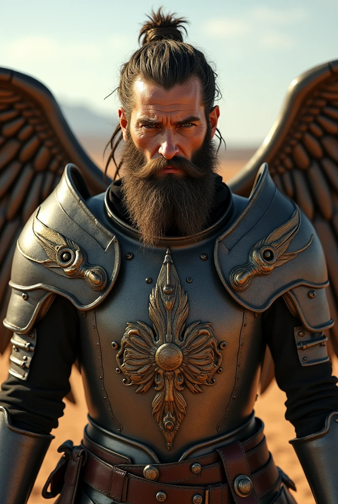 What Max Rockatansky&#39;s face would look like (from the movie mad max) Set in the Middle Ages and with the physique of Kratos, dressed in Polish Winged Hussar armor and in action pose (Front view without helmet)