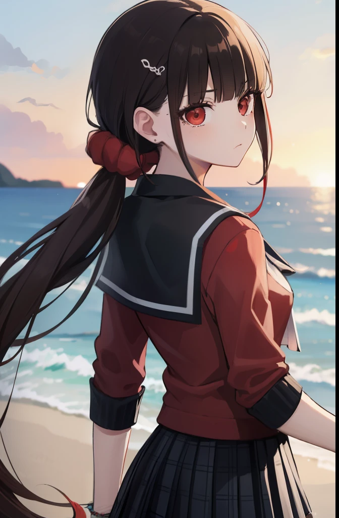 Makiharu, Maki Harukawa, Long Hair, bangs, Brown Hair, Black Hair, hair ornaments, (Red eyes:1.5), Twin tails, very Long Hair, Hair Clip, blunt bangs, Mole under eye, low Twin tails, Scrunchie, hair Scrunchie, red Scrunchie, (Small breasts:1.2), break skirt, shirt, Knee socks, Long sleeve, bow, school uniform, Pleated skirt, Seraphim, mini skirt, Black Skirt, Sailor collar, Mole, bracelet, zettai ryouiki, Plaid, Plaid skirt, red shirt, black Sailor collar, red Knee socks, break looking at viewer, break outside, Beach, break (masterpiece:1.2), Highest quality, High resolution, unity 8k wallpaper, (figure:0.8), (Beautiful attention to detail:1.6), Highly detailed face, Perfect lighting, Highly detailed CG, (Perfect hands, Perfect Anatomy),This girl is being fucked from behind by a guy、A man is having sex with this girl from behind