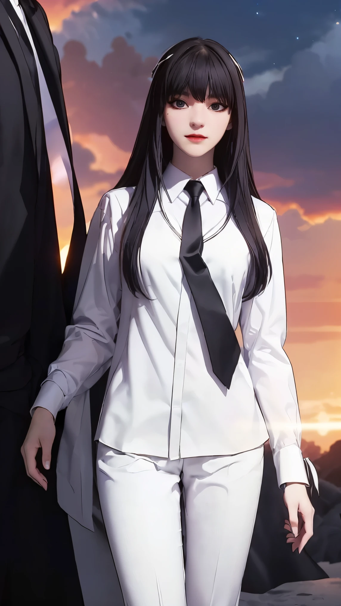 ((Masterpiece, best quality, very detailed), Volumetric light, surrounding occlusion, Rich and colorful, glow), 1 woman, , young girl, (Smooth black), long hair, radius, sacred, goddess, CEO Luke, (black suit, White shirt and red tie:1.3), armor, outdoor, sunset, sky, cloud, space, (Fantasy Theme:1.2),