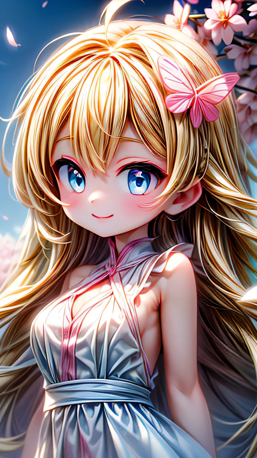 (CG unity 8k wallpaper extremely detailed) (Better Quality) (Better lighting) (an extremely delicate and beautiful) (floating) (beautiful) (Spring atmosphere) (One girl) (Long blonde hair), (hair band), (detailed and beautiful blue eyes), ((Very short white dress, pink race underside), (race), ((Lightweight and transparent silk))), (Cherry blossom petals), (butterfly), (Depth of written boundary), (Volumetric Light) Cinema Lighting, chromatic aberration, Sony FE GM, Textured skin, Attention to detail, High resolution, 8k､super big breasts sexy､masterpiece, 最high quality, high quality, High resolution､With a smile､((Upper body portrait))), (Pause＿random), 