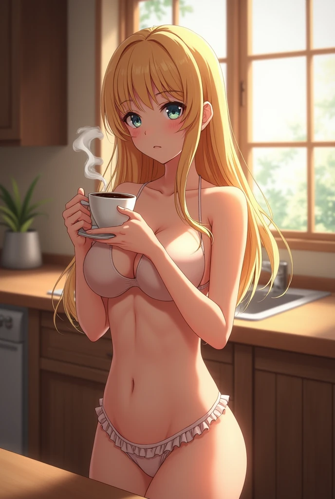 1girl, adult woman, (Naked: 1.4), (Blushing:1.4),(camisola aberta, completely naked, fully naked, nipples showing), Smile, Cowboy Shot, ((A coffee Cup)), Full Body, transparent string lingerie