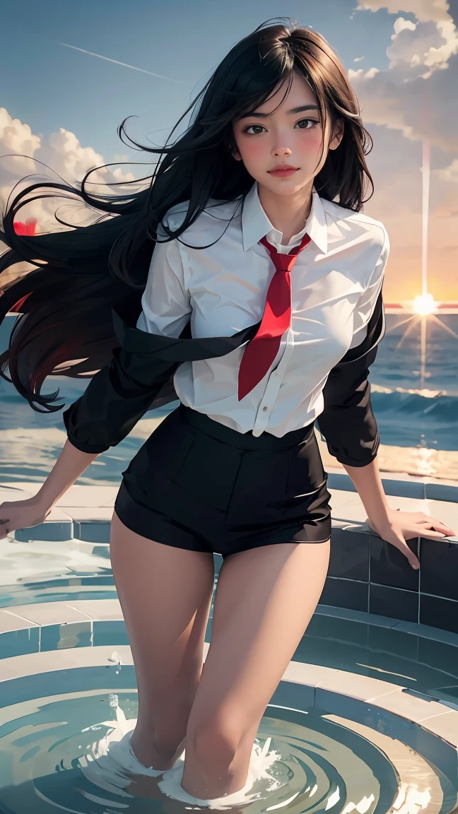 ((Masterpiece, best quality, very detailed), Volumetric light, surrounding occlusion, Rich and colorful, glow), 1 woman, , young girl, (Smooth black), long hair, radius, sacred, goddess, CEO Luke, (black suit, White shirt and red tie:1.3), long coat, wind whirlpool orb on hands, outdoor, sunset, sky, cloud, (Fantasy Theme:1.2), (full body:0.8)