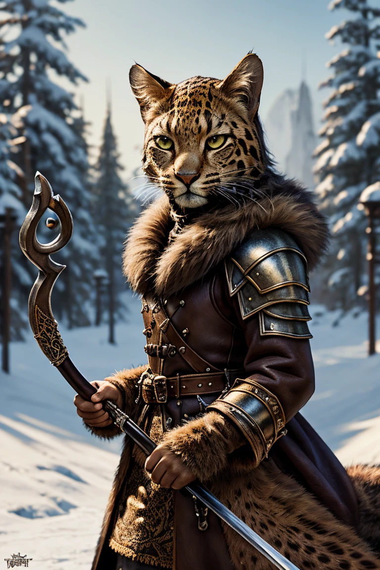 Duelist tabaxi female tan spotted fur tabaxi leopard, thin build, wearing a gambeson armor ,wralding a rapire , wearing a hat with a feather  holding a gnarled staff adorned with mushrooms and bone, realistic render, Dungeons and Dragons, Fantasy, octane render, zbrush. Character design, photorealistic, unreal engine, hyper-detailed, concept art, trending on art station. ((best quality)), ((masterpiece)), ((realistic)), (detailed), close up portrait, full body portrait, , highly detailed fur, looking at the viewer, Fantasy art, stunning gradient colors, no watermark signature, closed mouth, detailed background, snowy background, closed mouth, insanely detailed, ((masterpiece)), absurdres, HDR.