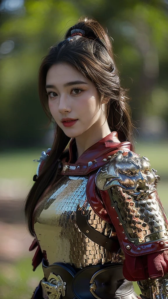 masterpiece，Best quality，HD quality，face close-up，A high resolution，8K，Ancient battlefield background, ((field：1.8))，(Female generals on the battlefield in the Han Dynasty)，1 girl，（long ponytail hairstyle)，cparted lips，Full and erect breasts，Noble and charming，Elegant and serious，Chinese armor,sword, Chinese architecture, Brown cape，，The combination of white metal and red leather，chest armor，metallic luster，Leather buckle，Exquisite pattern，mysterious badge，Cool and gorgeouig breasts))，Chest groove，Three Kingdoms character painting style，Photo pose，oc render reflection texture，charming smile，Head-up shot，bright afternoon，woodland background