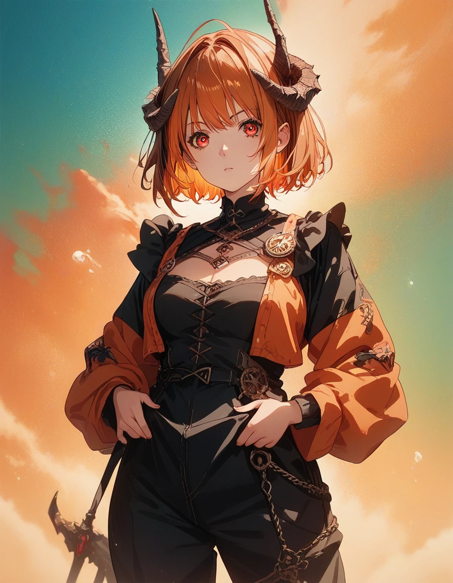 score_9, score_8_up, score_7_up, source_anime, masterpiece, top quality, 1 girl, chunky horns, loungewear, short hair, ruby ​​eyes, copper hair, two-tone background, fantasy of terror 