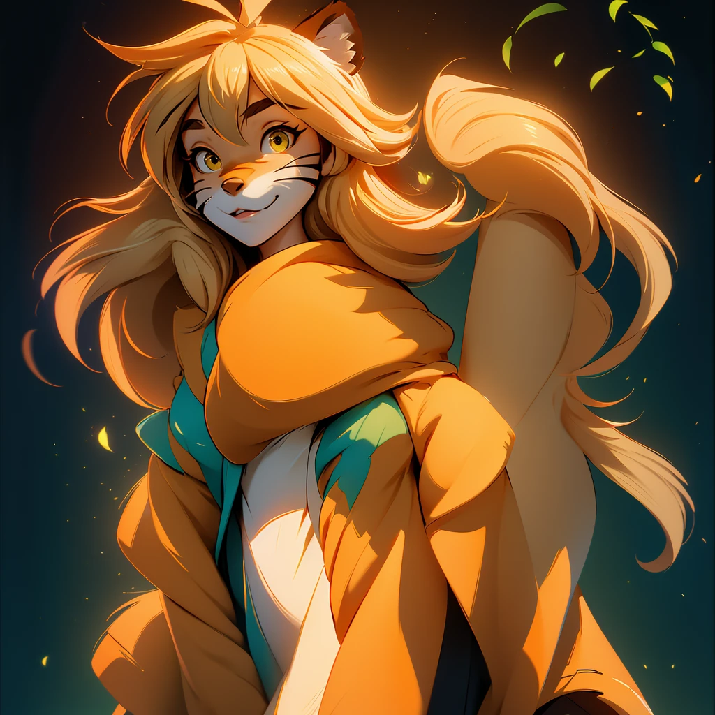 envision a 8k, highres, cinematic, beautiful extreme close up face Pinup of a cute furry female anthro, with a slender muscular body, short blonde hair, long bangs, yellow eyes, Orange and White Fur, Tiger Stripes, Green Jacket, ((((! Girl)))), ((Flora Twokinds)), in dark lighting, against a dark gray background