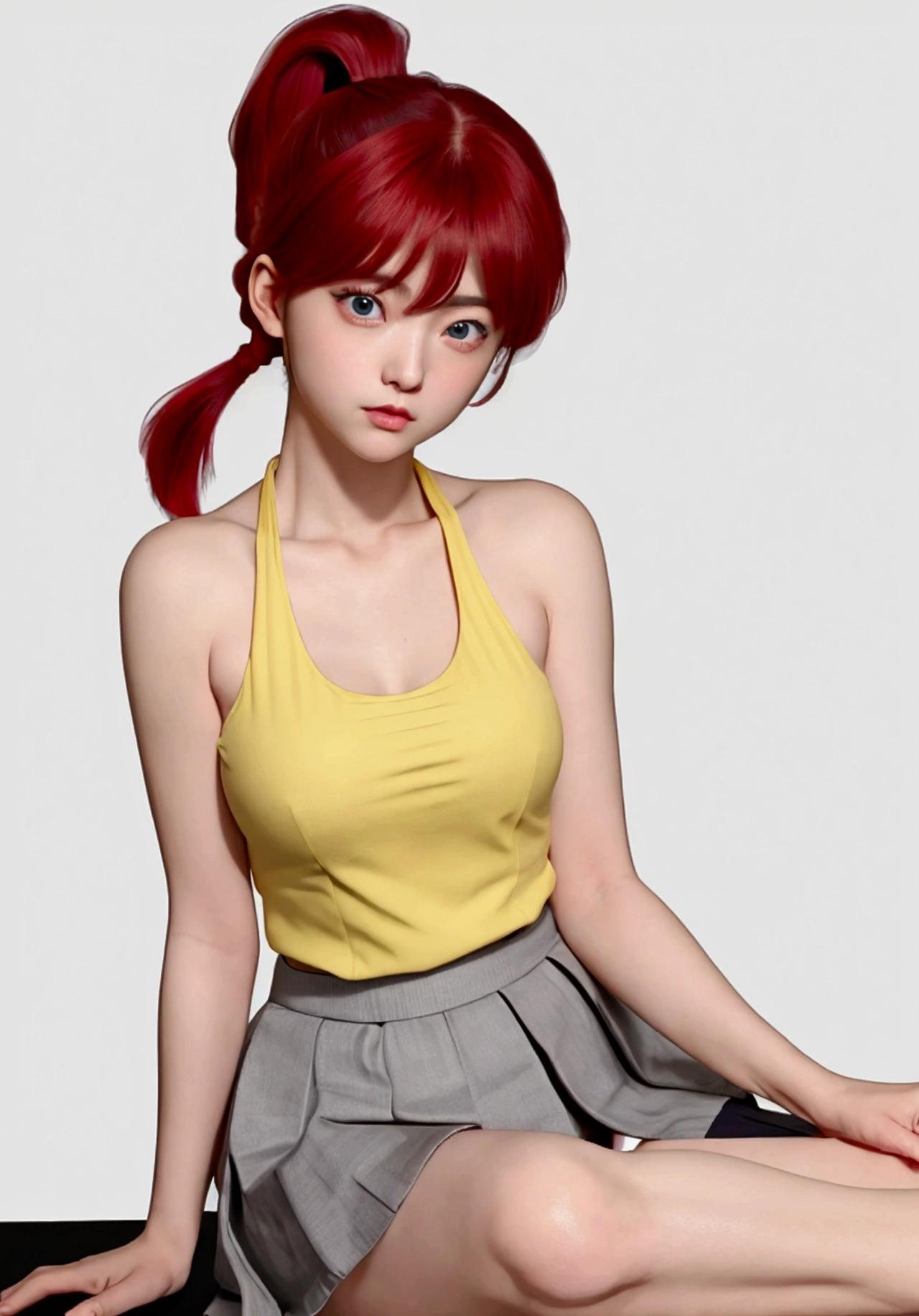 Create Female Ranma, make a girl,Clear contours, Color full-body photo, (beautiful and delicate eyes), (Nice face:1.3), childish face, Short red hair(single ponytail)， bumpy bangs, blue gray eyes, big eyes，plump breasts，top: Fitted white halter shirt,Bottom yellow fitted skirt(actual:1.2),   (actual上下身是:3.7 scale)，face to camera，Bend one foot slightly against the calf of the other leg。