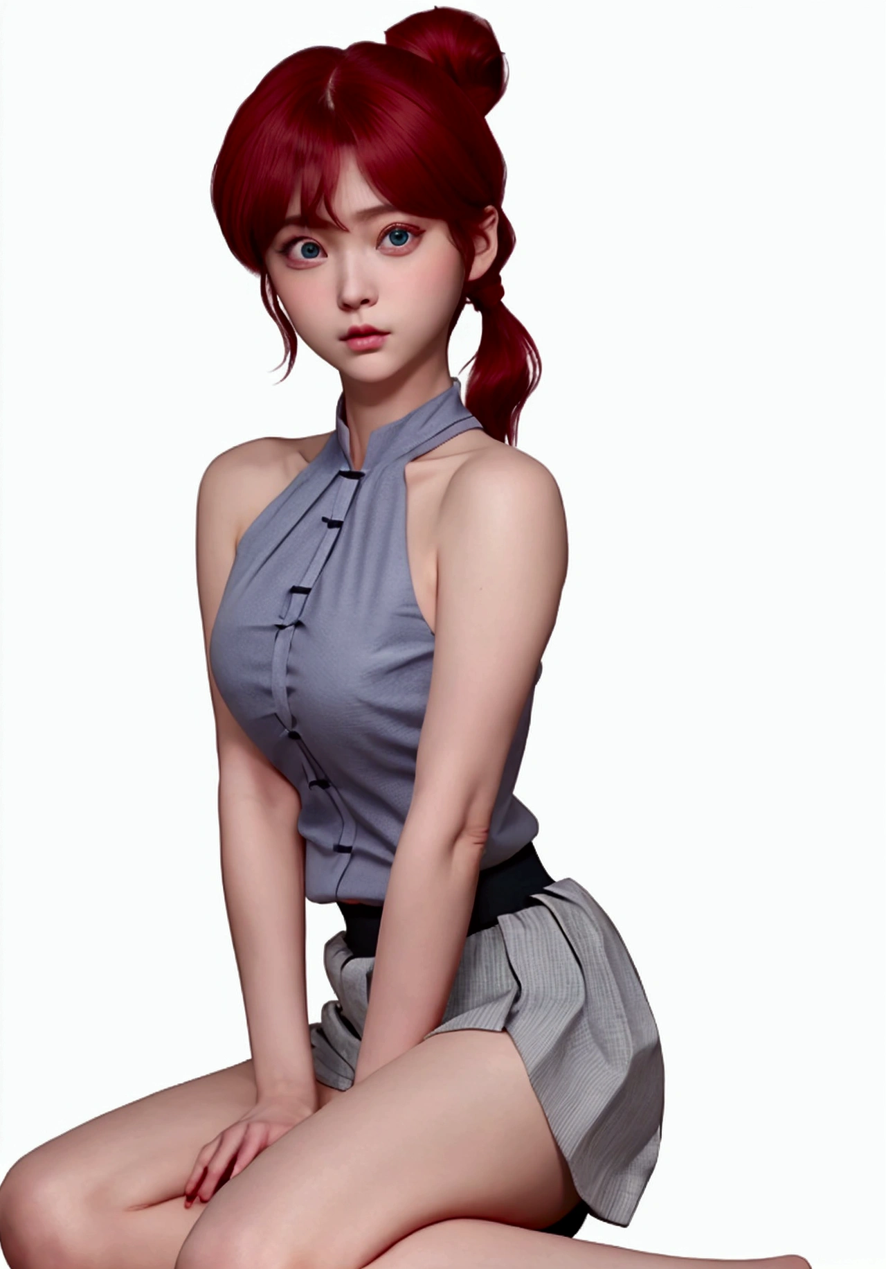 Create Female Ranma, make a girl,Clear contours, Color full-body photo, (beautiful and delicate eyes), (Nice face:1.3), childish face, Short red hair(single ponytail)， bumpy bangs, blue gray eyes, big eyes，plump breasts，top: Fitted white halter shirt,Bottom yellow fitted skirt(actual:1.2),   (actual上下身是:3.7 scale)，face to camera，Bend one foot slightly against the calf of the other leg。