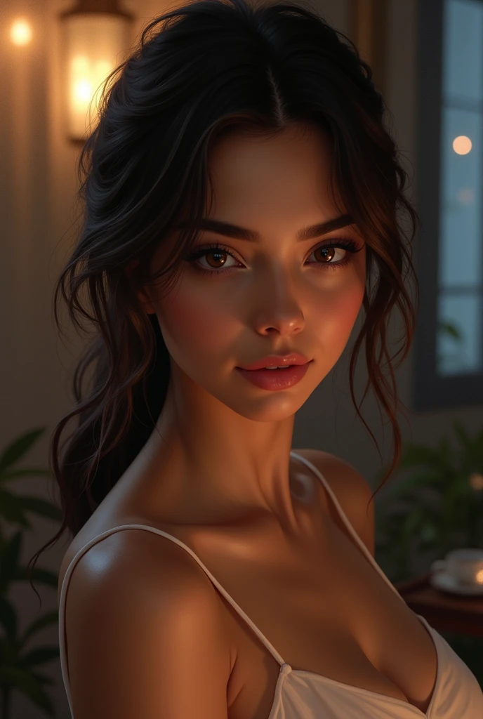 (photorealism:1.2), beautiful woman, green eyes, long curly hair, living room