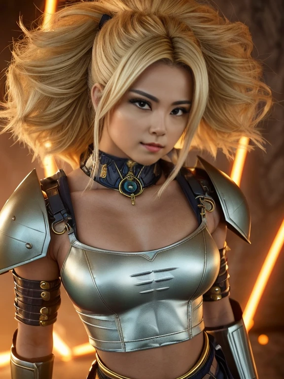 Goku ultra realistic real-world version, pele humana real trincada, rabo, energia saindo do corpo, cabelo voando com raios de energia, cabelo de fogo, Amazing image, mythological style, cabelo grande de cor branco, corpo musculoso, Cyberpunk style mask, olhos amarelos, wearing an ultra-futuristic cybernetic armor. Fotografia ultra realista e detalhada.