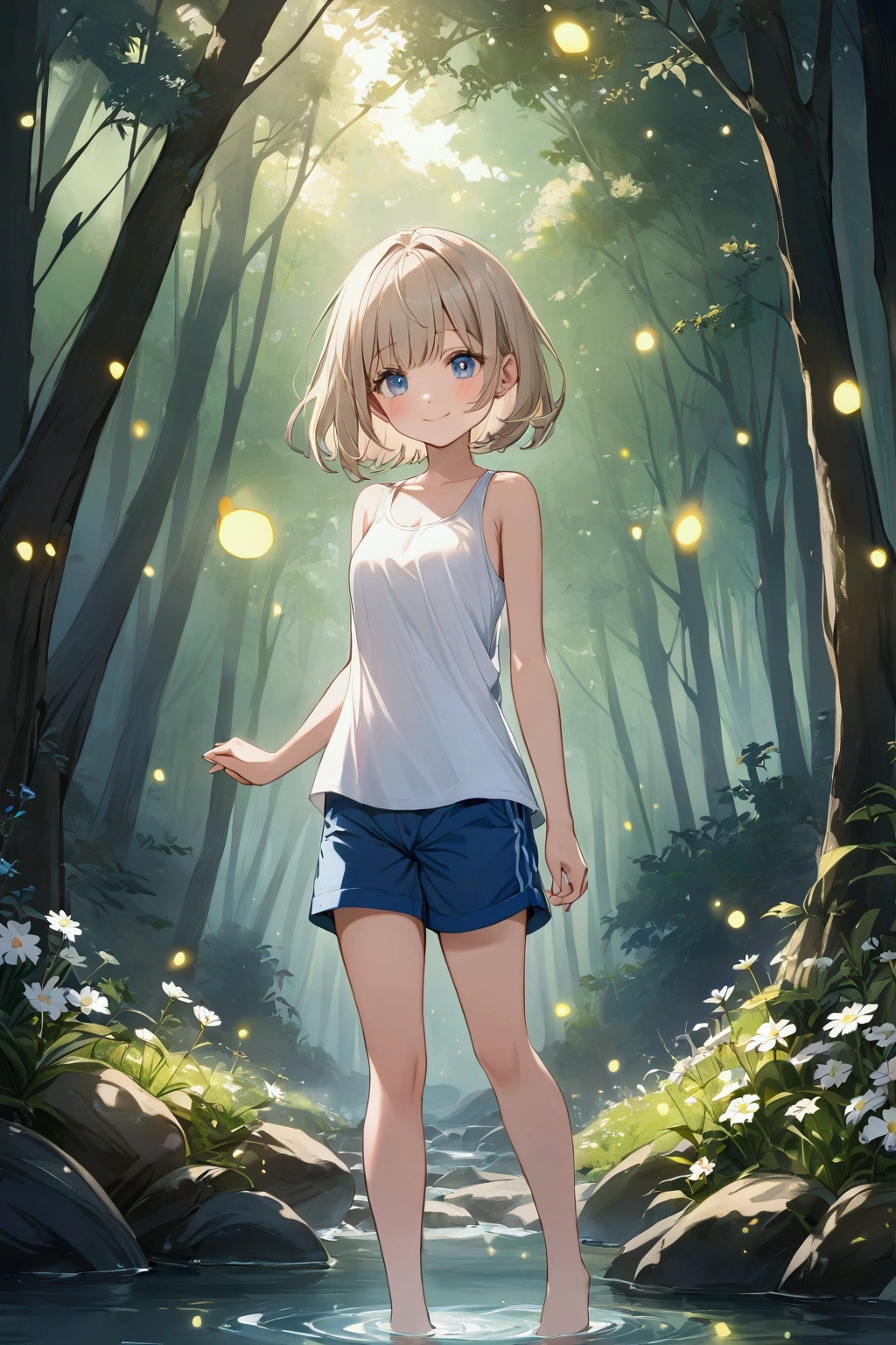 One girl,  alone, Cute,
Silver blonde hair, Bob Hair,
Blue eyes, Long eyelashes, Thick eyelashes, View your viewers,
smile,
White tank top,Blue shorts,Full Body Style,
background, The light of the fireflies is dazzling,Fireflies dancing,View of the stream、in the forest,Wildflowers are in full bloom,