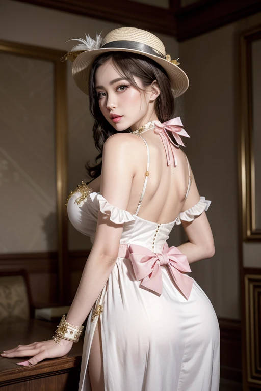 (master piece:1.5),(8K quality, Raw photo, best quality), high definition photos, professional photos, (Reality, realistic photo:1.37), ((best quality)), (25 year old Korean adult beauty), (Beautiful face with double eyelids:1.2, clear double eyelids), ((detailed maid outfit:1.2)), (large and impressive eyes, ), Are standing, white garter belt, long beautiful legs,big breasts,bra exposure, (Photographed at the palace, The palace is very bright and luxurious.), seaweed, pose randomly, (smile with your mouth closed, Make eye contact with your audience), back view, smaller butt