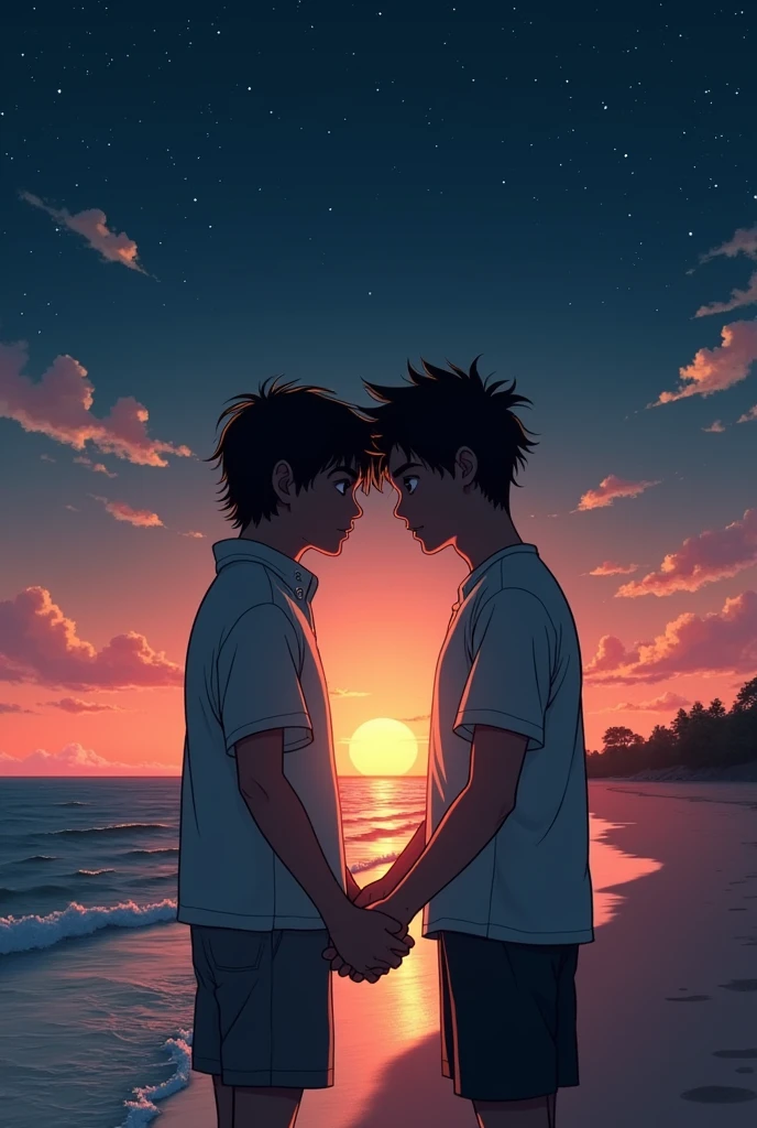 Here&#39;s an image of 2 boys on a beach at sunset, anime style. ,the two blushing and naked kissing