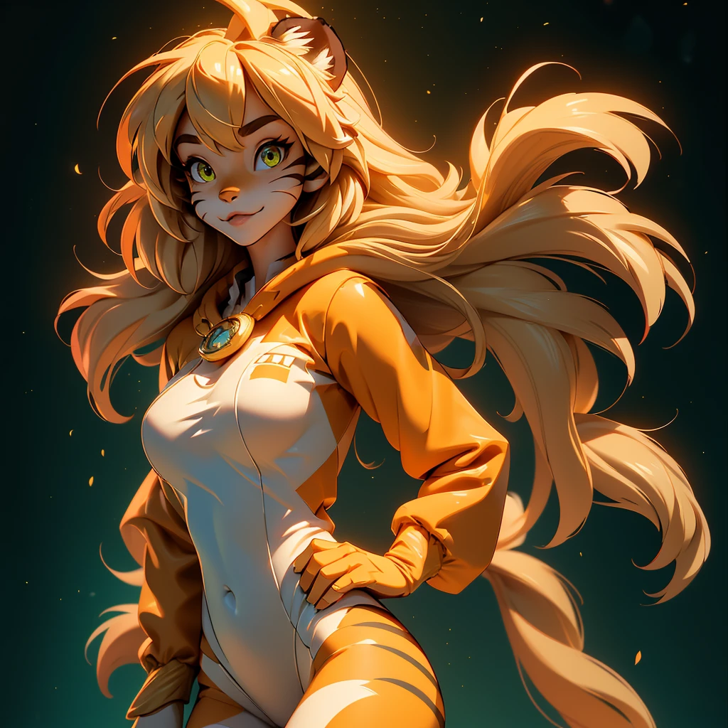 envision a 8k, highres, cinematic, beautiful extreme close up face Pinup of a cute furry female anthro, with a slender muscular body, ((short blonde hair)), long bangs, yellow eyes, Orange and White Fur, Tiger Stripes, Green Jacket, ((((! Girl)))), ((Flora Twokinds)), in dark lighting, against a dark gray background