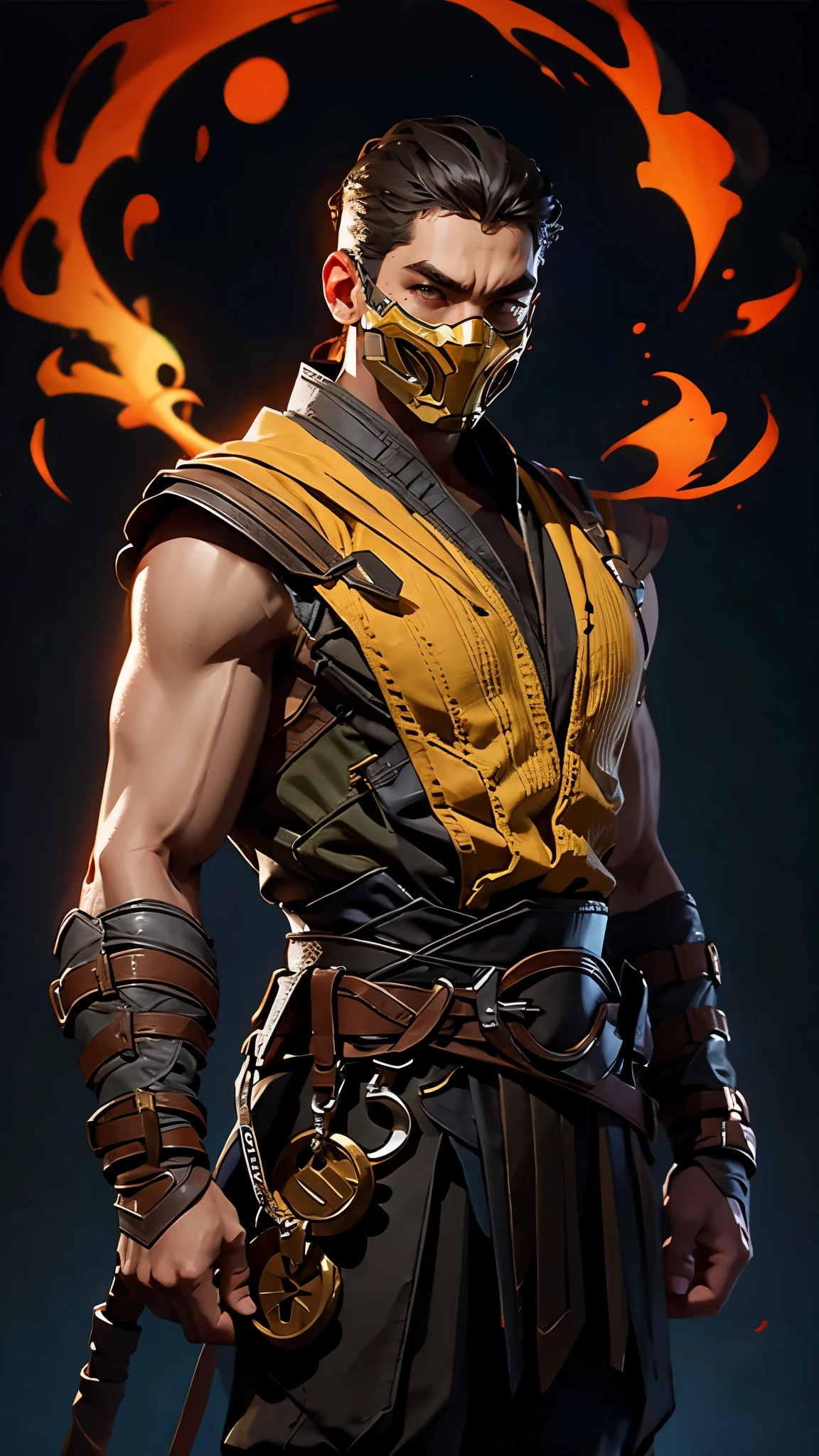 envision a 8k, highres, cinematic, detailed, semi realistic full body pinup of Scorpion, (((1boy))), in dark lighting, against a dark background