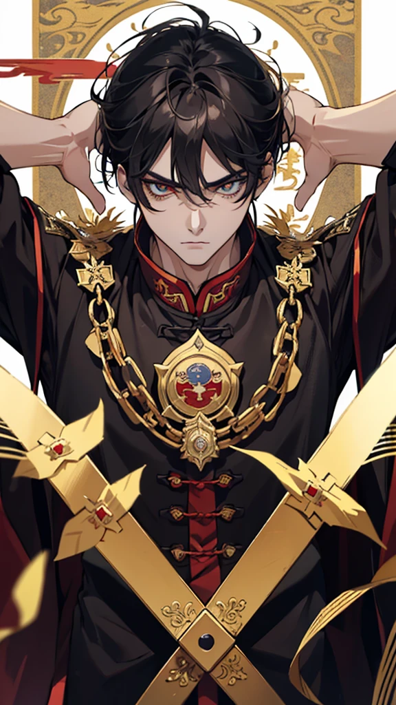 独奏, anatomically correcte, vampyre, warrior, paladin, Cabrlo branco, heterochromia, golden eye, confident, safe, brawny, stark, Cao Cao, muito Cao Cao, muito stark, Russian general&#39;s outfit, gold Crown.