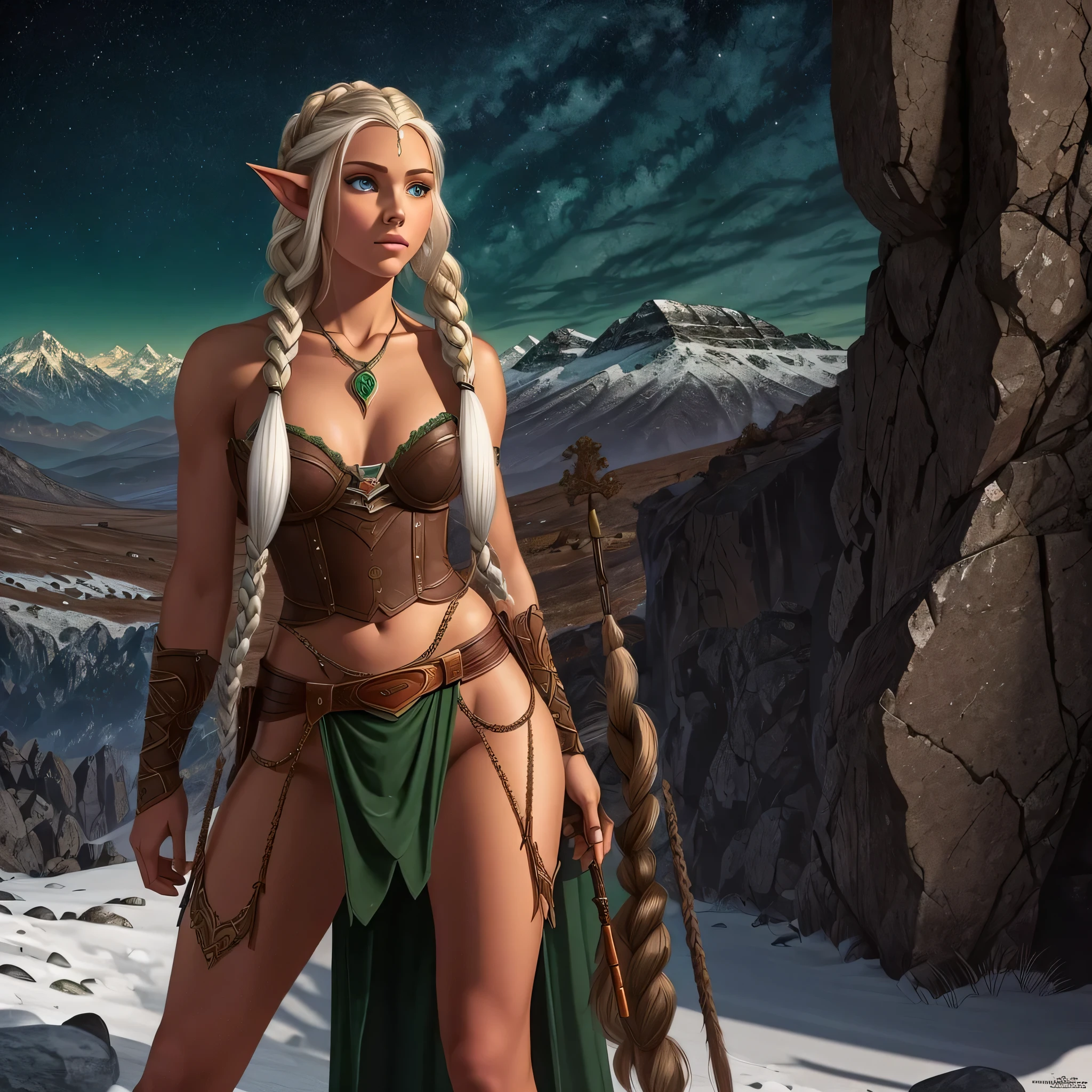 FULL BODY, perfect face, pretty face, elf, 1girl, Solo, gritty, dark, mountains, front braid, side braid, white hair, green eyes, brown leather armor, skimpy, ((bare pelvis))