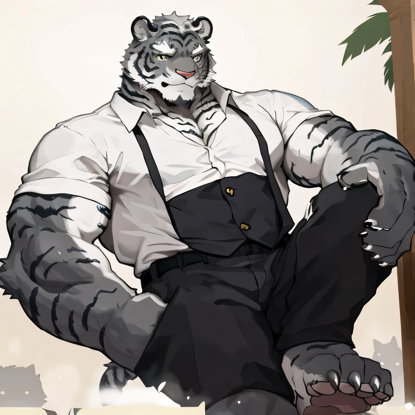 hairy, Ultra-clear, Tiger, Office Workers， sweat beads, 16K, Full body portrait, Full body close-up, Facial clarity, Bright Eyes, Exquisite eyes, Focus only, Main body gray, Cats, Tigers, male, young, Tough Guy, Silver gray hair, Golden Eyes, Eyes as bright as the sun, tall and big, Muscles throughout the body, pectoralis major, Eight-pack abs, powerful biceps, thick tail, Thick Arms, Generous Palms, Wide and thick Tiger claws, Pink meat pad，Broad and thick animal feet, Sharp animal claws, Sharp Tiger claws, Perfect body proportions, Handsome, Lovely, Cool, youth, aloof, looks very sunny, Sturdy construction, youthful face, Powerful and domineering, Be honest and trustworthy, humble, sexly, aggression, hormones, ,barefoot,  Standing, upright, Hands in pockets, Looking at the audience,Tempting（Realistic eye details1.2）