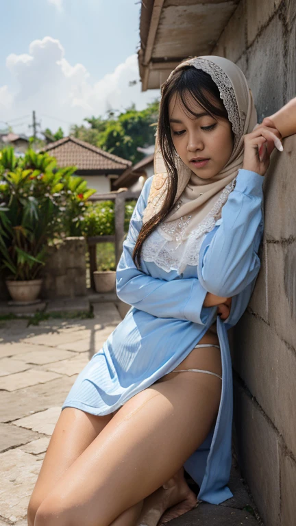 Young drunken beautiful sweet Bogor city muslimah girl, twenty years old, mixed  descent from sundanese and Javanese, very slim body,  long and beautiful legs, messy medium long hair with a bangs, georgeus face, best skins maintenance, wearing soft makeup on her face, lying down sleeping lazily lean on wall  spreading legs  very wide   in the morning on the side walk in Bogor city, head limp to the side, realistic, her eyes half  closed,  best detail high resolution, wearing lace panty,  forced down  bra, wearing folded up high long sleeve messy all unbuttoned muslimah long gamis dress, wearing modeste wide belt, wearing messy long  hijab, no underwear, downed panty, almost naked, semi nude, very detail, very realistic, natural,  hairy vagina exposed visible, she  has been peeing, water flowing out from her vagina weting around, very sleepy, snoring deep sleep, drunken after forced to  consumption some drugs, open wide mouth and some liquid flowing out from her mouth, high resolution, 4k,