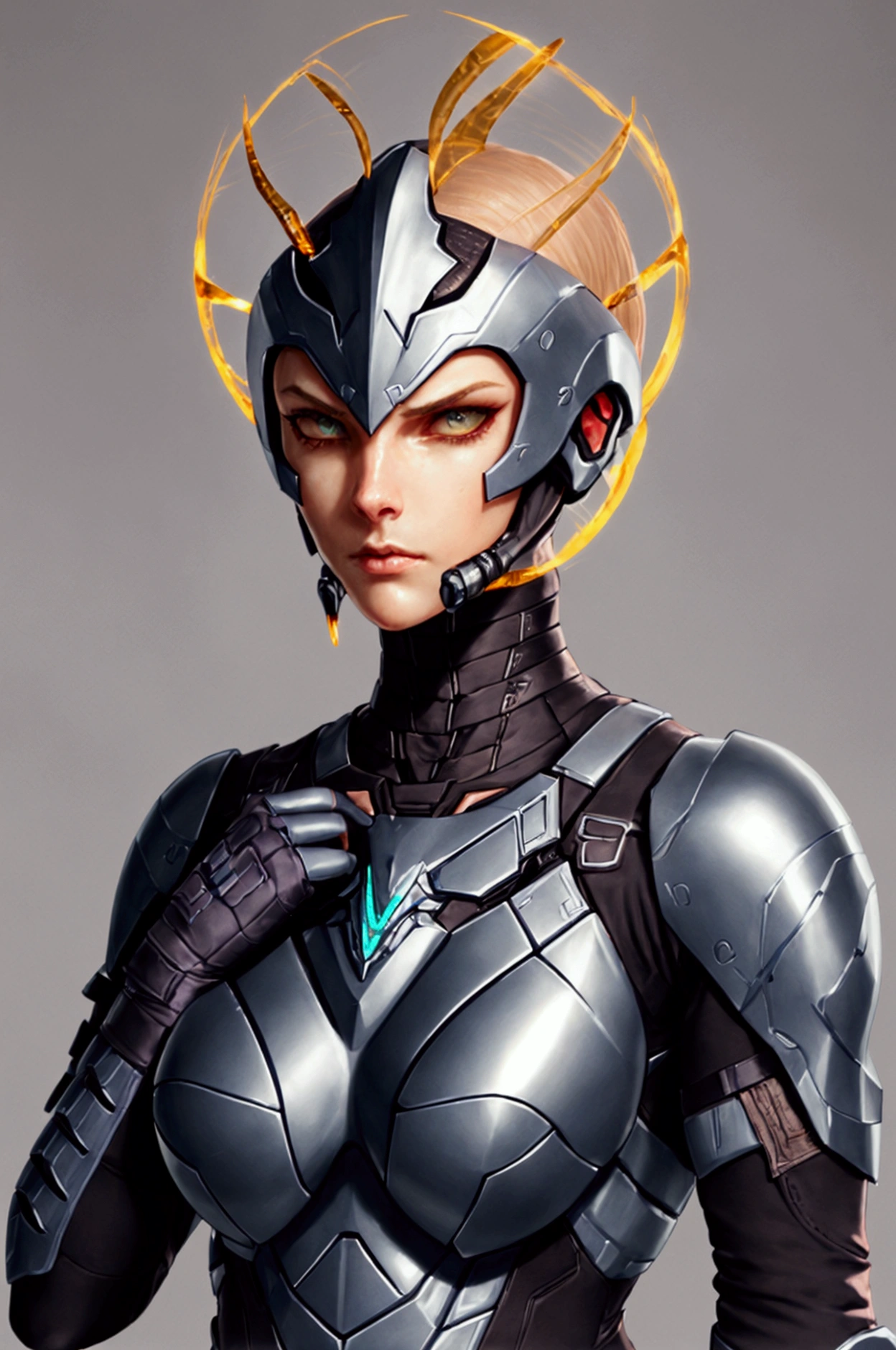 viper xcom, feminine, small chest, lean muscles, futuristic armor: slim tech gauntlets, sleek chest plate, shoulder plates, fingerless gloves. long fingers, long black fingernails, tawny scales, stoic expression, gray background, serious face, amber colored snake eyes