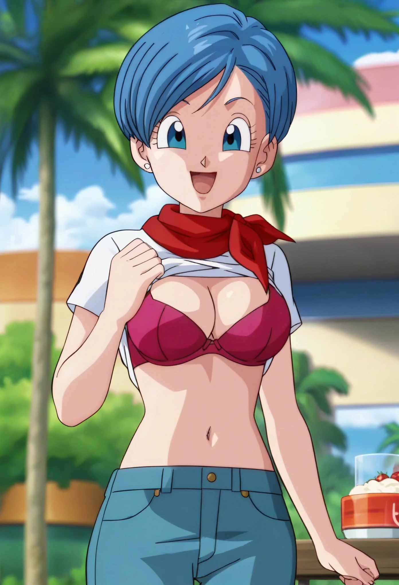 source_anime, score_9, score_8_up, score_7_up, anime screencap,8k, absurd res, 
bulma, 1girl, solo, breasts, smile, short hair, bowl cut,  open mouth, blue eyes, cleavage, jewelry, medium breasts, blue hair, white shirt, :d, earrings, outdoors, sky, day, cloud, blurry, tree, blue sky, red neckerchief, palm tree, official style, anime coloring, portrait, shirt lift, ((bra)), big breasts, blue jeans