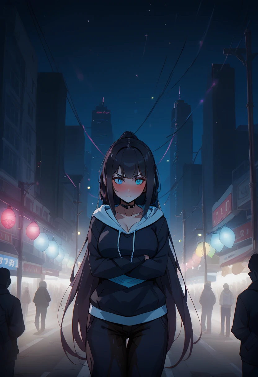 1girl, woman, (wetting self:1.5), desperation, (very long hair:1.5), straight hair, medium bangs, huge breasts, black hair, blue eyes, stylish hoodie, pantyhose, cleavage, (blushing:1.5), humiliation, angry, trembling, (arms crossed:1.5), city, street, crowd, night, futuristic, colorful lights, colorful city, (saturated:1.5)