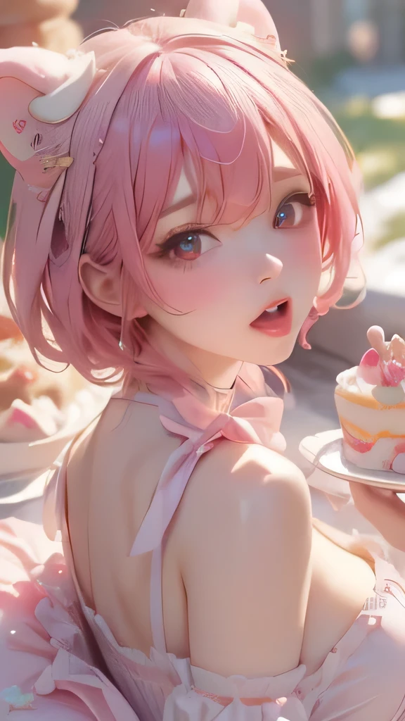 (8K, Top quality, masterpiece:1,2), (Realist, Photorealistic:1.37), Super Detail, A girl,), (Very detailed), (Beautifully detailed eyes), (Highest quality), (Very detailed ), (masterpiece), (Delicate face),20 years old, ,1 girl, whole body, Pink Hair,Very short hair, Medium breasts, wearing clothes, Perfect lighting, and breast focus, Looking at the audience, Excited face, Naughty face, rest, (Fantastically decorated cakes:1.4), (Surrounded by cute animal-shaped breads:1.4), (Charming sweet dream:1.4), (Pastel Dream Landscape:1.2), (Lovely pastries in all shapes and sizes:1.3), (Edible Art of Animal Themed Bread:1.3), (Sugar-coated dreams:1.2), (Candy-scented joy:1.0), (Cute little animals made from dough and icing:1.2), (Immerse yourself in a sweet wonderland:1.4)