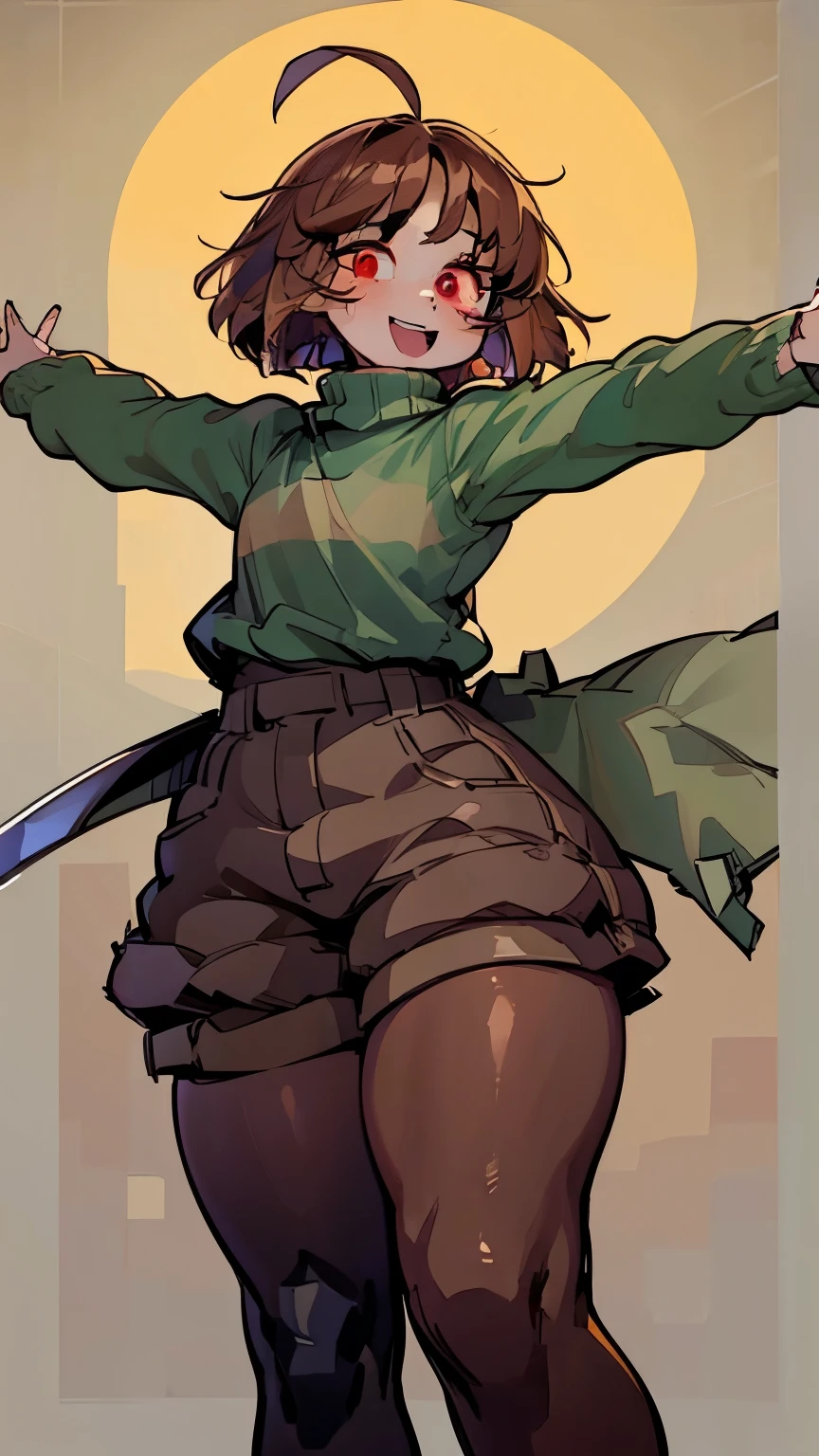 ((Best quality)), ((Masterpiece)), (Detailed), chara (/Undertale/), Brown hair, (brown shorts: 1.3), kneeling, grabbing viewer, suspenders, ahoge, overall shorts, Bob cut, (big eyes: 1.3), (round eyes: 1.3), :D, wide smile, short hair, white thigh highs, (Green sweater: 1.3), (Red eyes: 1.3), (1girl: 1.3), (Solo: 1.3), Green striped sweater, thick thighs, facing camera, surprised, wide-eyed, (arms outstretched: 1.3), 