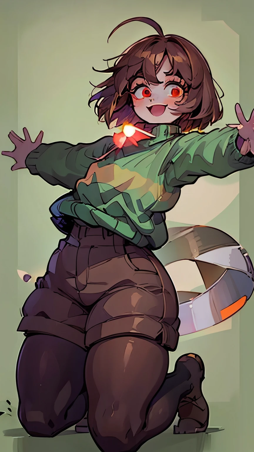 ((Best quality)), ((Masterpiece)), (Detailed), chara (/Undertale/), Brown hair, (brown shorts: 1.3), kneeling, grabbing viewer, suspenders, ahoge, overall shorts, Bob cut, (big eyes: 1.3), (round eyes: 1.3), :D, wide smile, short hair, white thigh highs, (Green sweater: 1.3), (Red eyes: 1.3), (1girl: 1.3), (Solo: 1.3), Green striped sweater, thick thighs, facing camera, surprised, wide-eyed, (arms outstretched: 1.3), 