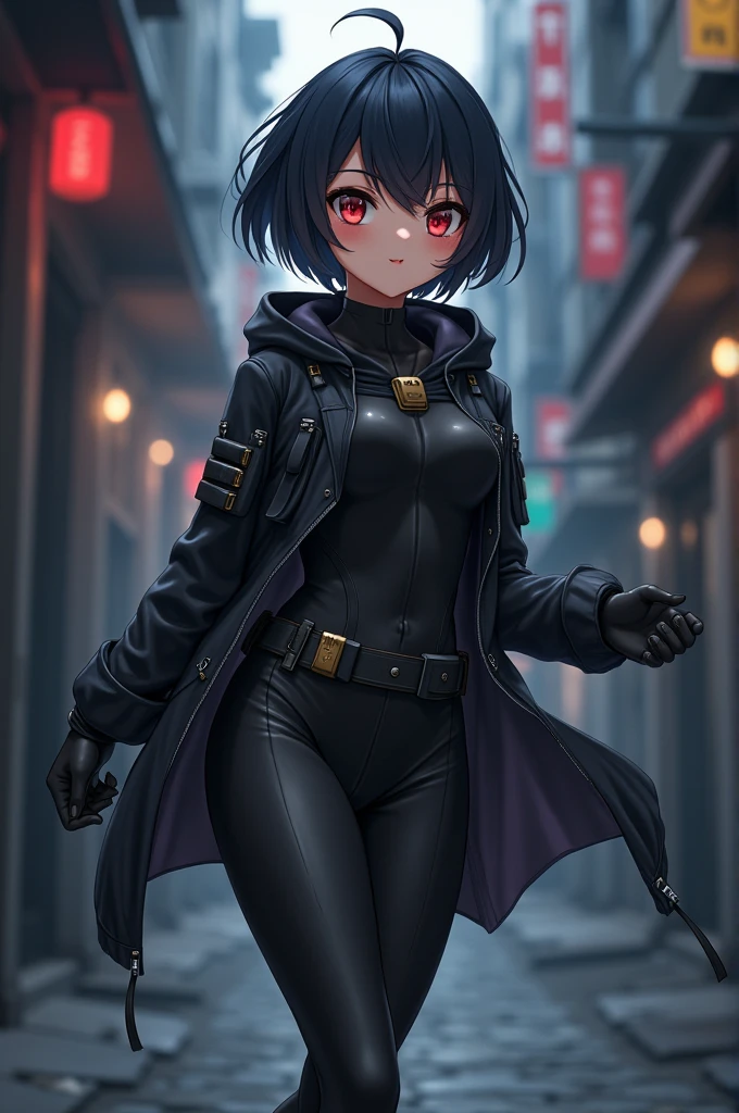 a 1girl, goth, black sclera, Bob hair(Black), dark-fair skin, rocker, goth,leather raincoat, Yellow eyes, Background: Abandoned city, spiked clothes, A cigarette in his hand.