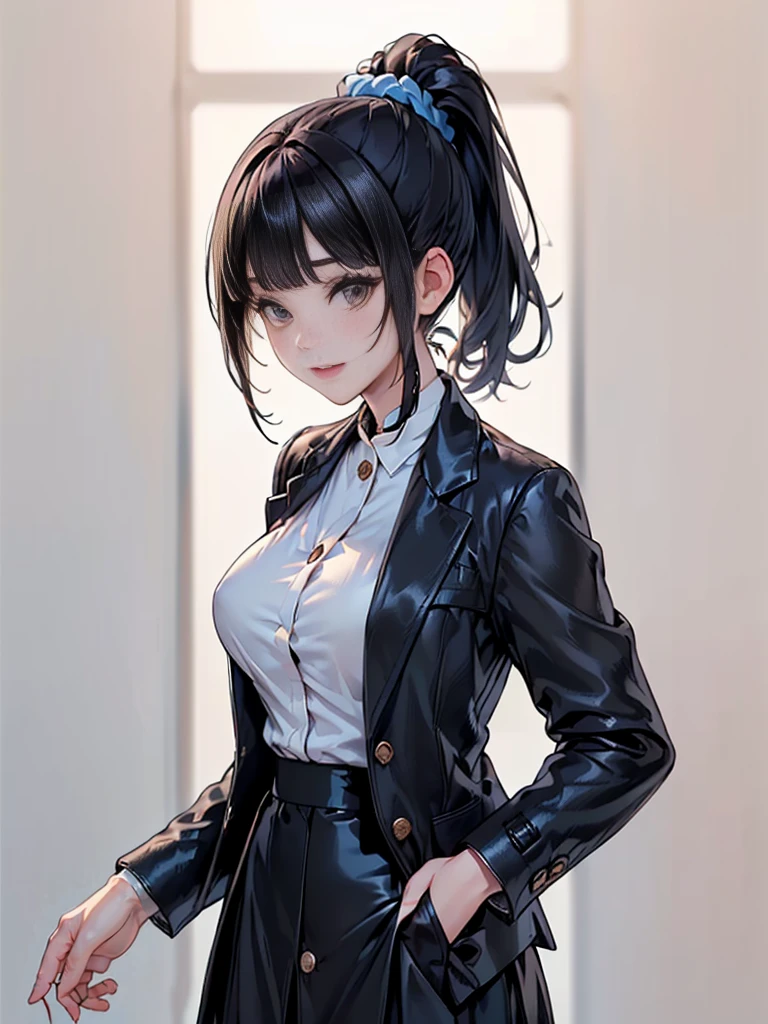 Masterpiece,best quality,独奏,1 beautiful Japanese girl,1,(sparkling black eyes,big eye),(pale skin),(black hair,blunt bangs,(short ponytail:1.2),(high ponytail:1.2),hair length to shoulder,voluminous hair,hair held up with a blue scrunchie:1.5),(big breasts:1.2),(smile:1.2),(In woolen suit, formal suit, black tailored jacket,(Tailored jacket, first button closed:1.2),white blouse,semi-long black tight skirt:1.5),standing,(Plain background:1.2),(Close-up of face,face focus:1.5)