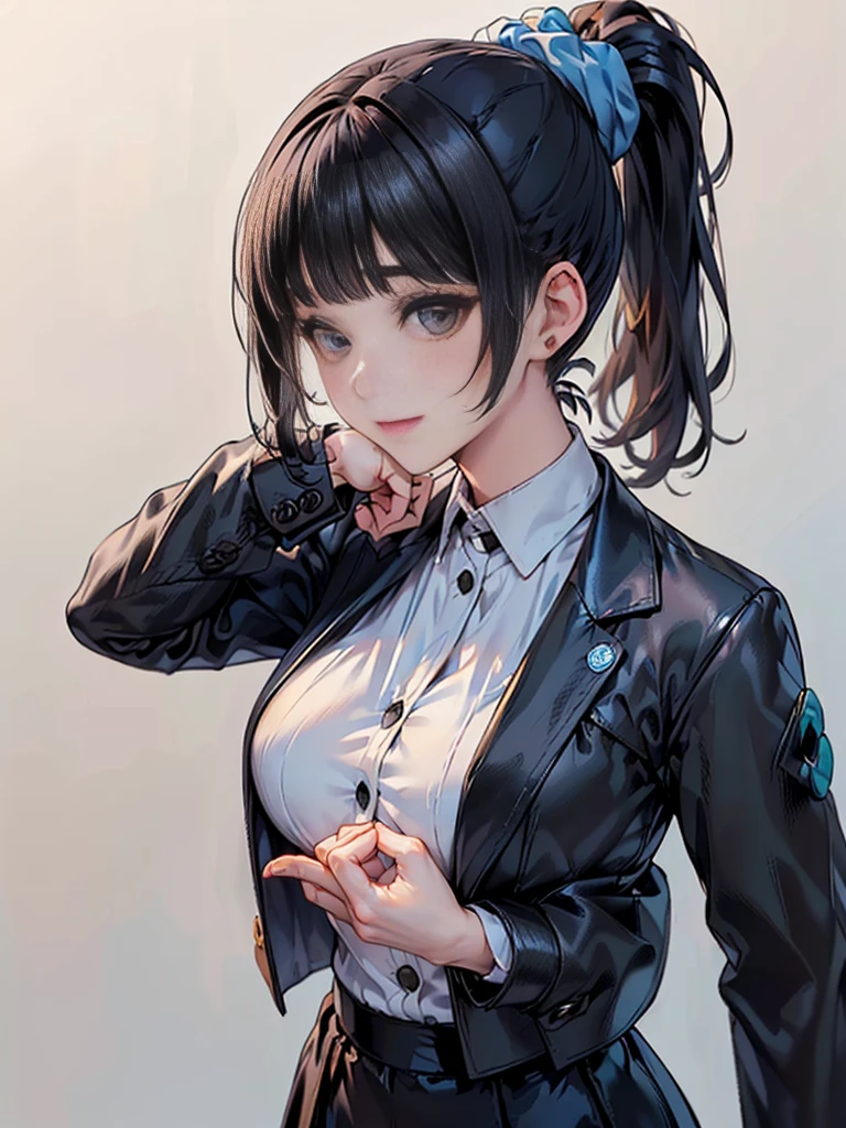 Masterpiece,best quality,独奏,1 beautiful Japanese girl,1,(sparkling black eyes,big eye),(pale skin),(black hair,blunt bangs,(short ponytail:1.2),(high ponytail:1.2),hair length to shoulder,voluminous hair,hair held up with a blue scrunchie:1.5),(big breasts:1.2),(smile:1.2),(In woolen suit, formal suit, black tailored jacket,(Tailored jacket, first button closed:1.2),white blouse,semi-long black tight skirt:1.5),standing,(Plain background:1.2),(Close-up of face,face focus:1.5)