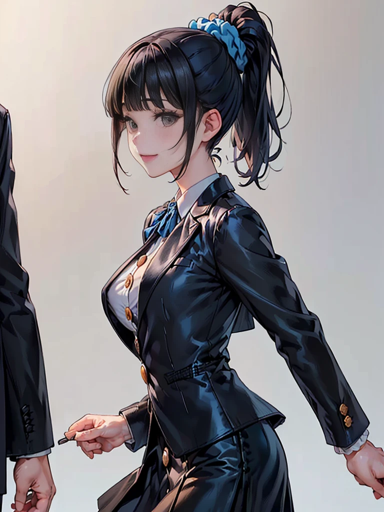 Masterpiece,best quality,独奏,1 beautiful Japanese girl,1,(sparkling black eyes,big eye),(pale skin),(black hair,blunt bangs,(short ponytail:1.2),(high ponytail:1.2),hair length to shoulder,voluminous hair,hair held up with a blue scrunchie:1.5),(big breasts:1.2),(smile:1.2),(In woolen suit, formal suit, black tailored jacket,(Tailored jacket, first button closed:1.2),white blouse,semi-long black tight skirt:1.5),standing,(Plain background:1.2),(Close-up of face,face focus:1.5)