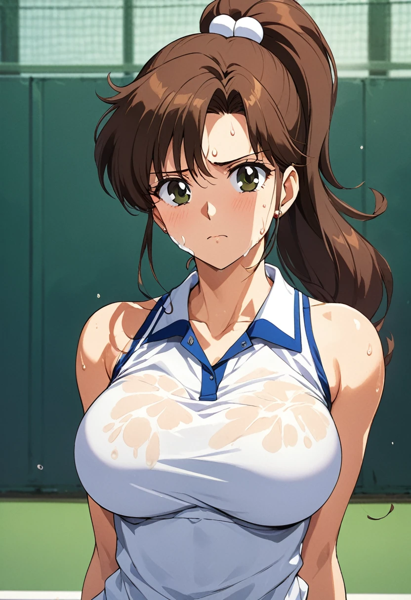 masterpiece, Highest quality, High resolution, (Makoto Kino),1990s \(style\),height: 175cm, Brown long hair,ponytail、 sexyな長い脚, tennis uniform, Tennis court,(E-cup beautiful breasts)、Sweating all over the body、vapor、Muscular、sexy、Face writhing in pleasure、Sweaty、Configuration from the front、Serious expression、look up,Semen splattered on face、Anime-style painting style,Composition focused on the upper body