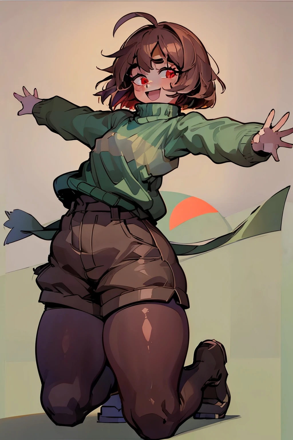 ((Best quality)), ((Masterpiece)), (Detailed), chara (/Undertale/), Brown hair, (brown shorts: 1.3), kneeling, grabbing viewer, suspenders, ahoge, overall shorts, Bob cut, (big eyes: 1.3), (round eyes: 1.3), :D, wide smile, short hair, white thigh highs, (Green sweater: 1.3), (Red eyes: 1.3), (1girl: 1.3), (Solo: 1.3), Green striped sweater, thick thighs, facing camera, surprised, wide-eyed, (arms outstretched: 1.3), 