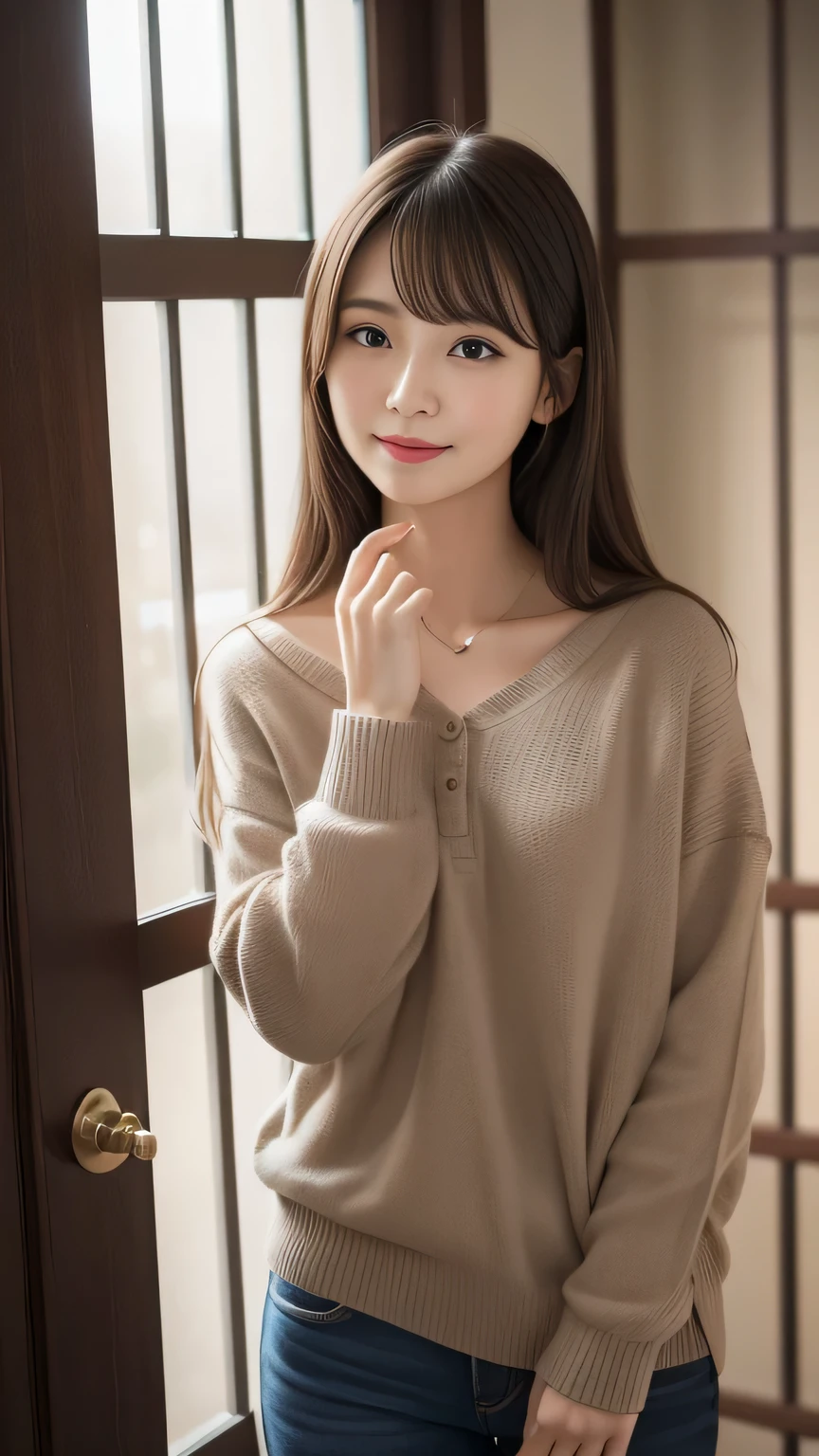 Produce the highest quality and highest resolution 8K images。Please draw the upper body of a 20 year old Japanese woman.。Please draw an image of someone reading a book in a stylish coffee shop.。She has brown eyes and a model-like figure、She has an idol-level cute face.。The hair is wavy。she、I'm smiling at the camera。