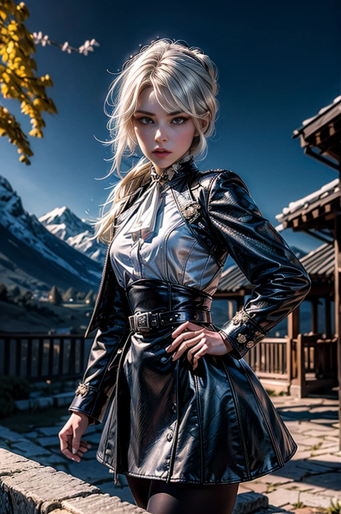 masterpiece,best quality, masterpiece, high detail,detailed face,detailed eyes,rendered eyes,perfect eyes,hip lines,crisp image,detailed,amazing,8k,8k wallpaper,8k background,high detailed skin,high res, (((cowboy shot))), solo, 1girl,looking at viewer,WillowSchnee, white hair tied up in a bun, low on the right side of the back of her head, while her bangs are shaped around the left side of her face and a small, curled lock of hair reaching almost to her shoulders. her attire consists of a black dress, white cravat secured by a silver brooch set with a red stone,  a wide belt around her waist,  black tights and red shoes. serious expression, outdoors, standing near mansion, wedding reception, on mountainside, overlooking valley, river,  (crowd in military uniforms), tables (volumetric lighting), sharp focus, hyper detailed 