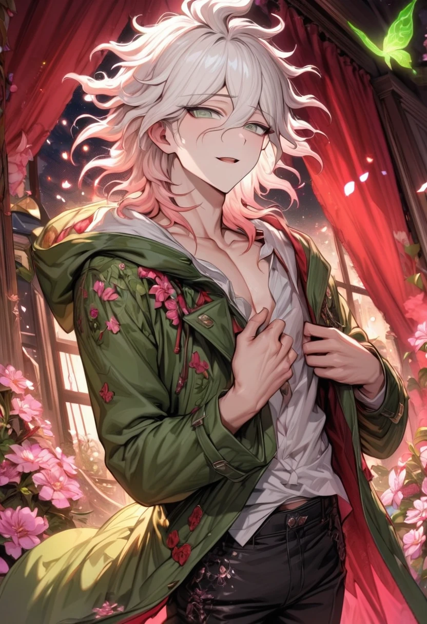 Ultra detailed, Highres, absurdres, HDR, Komaeda Nagito, white hair, expressive light green eyes, black long coat with patterns with a hoddie, Danganronpa, pink flowers, petals, handsome, sexy man, solo, very detailed eyes and face, park, fountain, cherry blossoms, black tight t-shirt, master piece, smirking, toned chest,