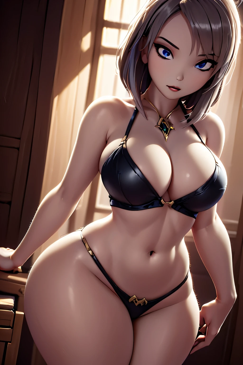 (High quality: 1.3), cinematic shot, masterpiece, (sharp focus: 1.5), (photorealistic: 1.3), full body portrait of (a beautiful young woman sexy, pale skin, gothic, still proud and fierce, straight black short bob hair, dark look, dressed in a highly detailed lingerie, dark atmosphere, but sculpting the shapes in sharp chiaroscuro), is night, (highly detailed skin), (detailed face), detailed background, dark lighting, twilight lighting, volumetric lighting, complex details, UHD, big sexy thighs, eyes looking seductively forward, big perfect, hourglass body shape, hyper sexualized, 