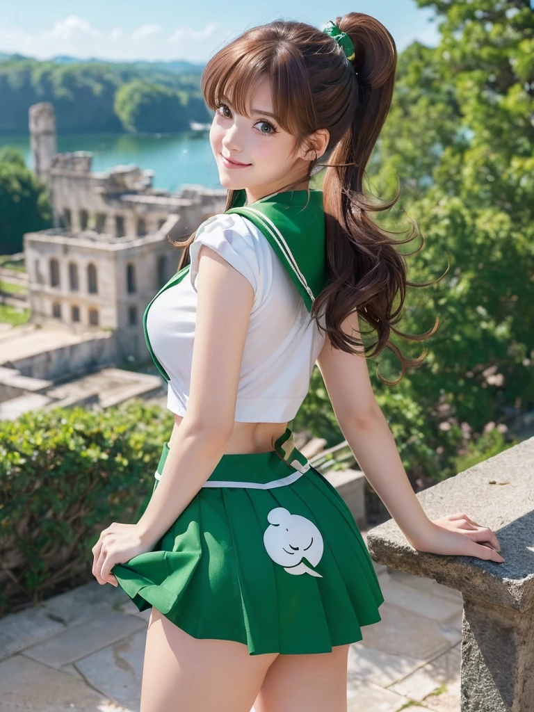 (masterpiece, Highest quality:1.4), (whole body:1.5), (Sitting:1.5), (Focus on the legs), Sexy pose, One girl, alone, Ham Jupiter, (Green Eyes), ponytail, (tiara:1.2), jewelry, (Sailor Warrior Uniform:1.5), Green sailor collar, choker, Elbow hand pockets, White gloves, Pink ribbon, brooch, White leotard, Green Skirt, Pleated skirt:1), Beautiful Face, Highly detailed face, Highly detailed eyes, Highly detailed skin, Skin pores, Scattered beneath the surface, Realistic pupils, Mid-chest, Sexy smile, Blush all over face, Fuller lips, Cherry blossom tree background, Scattered beneath the surface, Detailed Background, Depth of written boundary, Volumetric lighting, Sharp focus, Absurd, Realistic proportions, Excellent anatomy, (Realistic, hyperRealistic:1.4), 16k hdr,