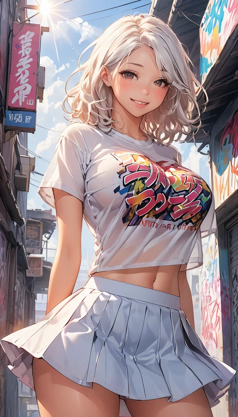 Beauthfull　Hair gradient　ssmile　embarrassing　blush　breasts fed up with　sheer white underwear　　The wind blows my skirt　Photograph the entire body, ::fund, mixed language_text, Japanese graffiti letters, gals, LONG white hair, Excellent lighting, side lighting, perfect ending, mecha  (plain color: 1.3), (magazine magazine_cover: 1.4), (multicolor_fund: 1.3), striped_fund, card_fund, :: comix style by joe madureira :: circular pieces of white metals glued to the ultra-detailed arms emitting a sparkling glow, perfect and detailed, ultra detailed shirt with abstract design and Japanese graffiti lettering print on the sides of the garment, image of gals with big breast