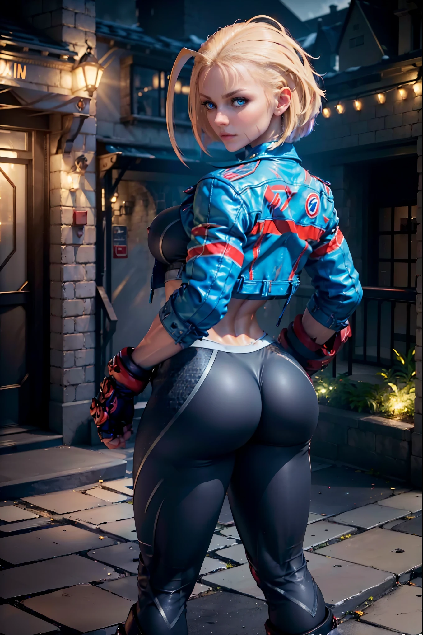 ((Masterpiece)), 1 female, (high resolution:1.4), (standing:1.2), (show backside), (upper body:1.2), (back turned towards viewer), (showing perfect butt), (head and torso tuned to show a peace sign), jessica as cammy white from street fighter, short blonde hair, eye contact with viewer, smile, castle walls, beautiful face, highly realistic skin texture, (highly detailed face:1.1), (highly detailed eyes:1.1), realistic pupils, full face blush, full lips, lean body, wide hips, large round breasts, (5 fingers per hand), (perfect anatomy:1.1), (perfect proportions:1.1), (photography:1.1), (photorealistic:1.1), open jacket, spandex pants, fingerless gloves, boots, muscular arms, long muscular legs, muscular body, (muscular female:0.8), volumetric lighting, dynamic lighting, (highres:2.0), sharp focus, (hyperrealistic:1.4), intricate, high detail, cinematic, catch light, multiple lights, subsurface scattering, bokeh, vivid, polished, sharpened, ((full Sharp)), (extremely absurdness), 4k, hdr, white lights, eyes catching light, well lit, even light, bright lit, fandist, AmericanHeritage-Pos, creative camera angles