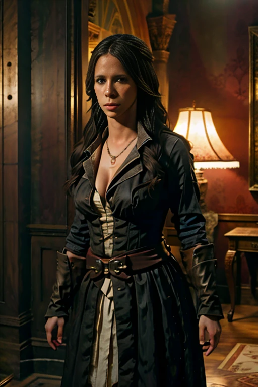 (masterpiece, best quality:1.2), 1girl, solo, Jennifer Love Hewitt as an Assassin, Assassins Creed 11, Aftermath, presumptuous, imposing expression,luxury, glamorous, sexy, cleavage