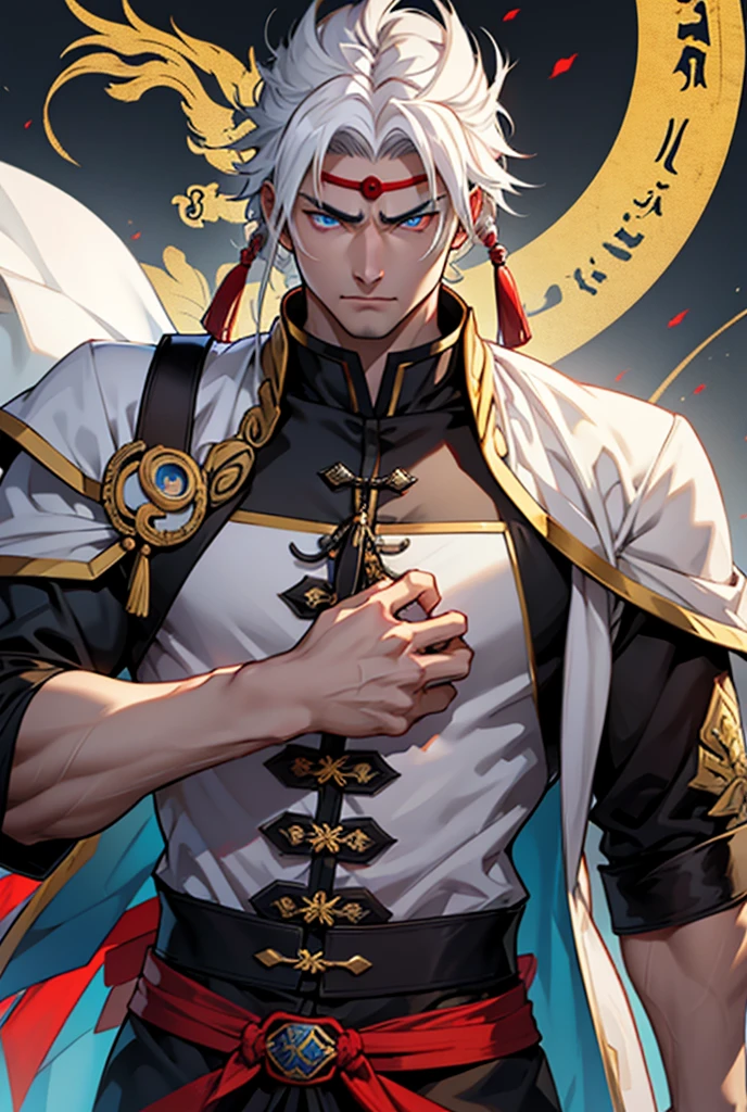 独奏, anatomically correcte, vampyre, warrior, paladin, White hair, heterochromia, golden eye, confident, safe, brawny, stark, Cao Cao, muito Cao Cao, muito stark, Russian general&#39;s outfit, gold Crown.bangs between eyes, hair with highlights, slickedback hair, Seriously, 