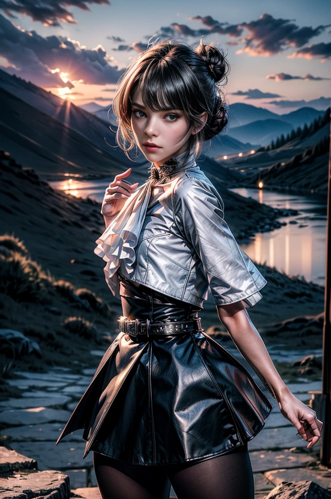 masterpiece,best quality, masterpiece, high detail,detailed face,detailed eyes,rendered eyes,perfect eyes,hip lines,crisp image,detailed,amazing,8k,8k wallpaper,8k background,high detailed skin,high res, (((cowboy shot))), solo, 1girl,looking at viewer,WillowSchnee, white hair tied up in a bun, low on the right side of the back of her head, while her bangs are shaped around the left side of her face and a small, curled lock of hair reaching almost to her shoulders. her attire consists of a black dress, white cravat secured by a silver brooch set with a red stone,  a wide belt around her waist,  black tights and red shoes. serious expression, outdoors, standing near mansion, wedding reception, on mountainside, overlooking valley, river,  (crowd in military uniforms), tables (volumetric lighting), sharp focus, hyper detailed 